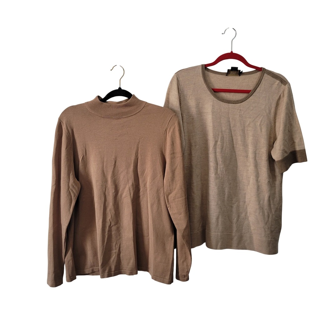 Lot of 2 Pendleton Tan Minimalist Wardrobe Silk Wool Short Sleeve and Mock Neck